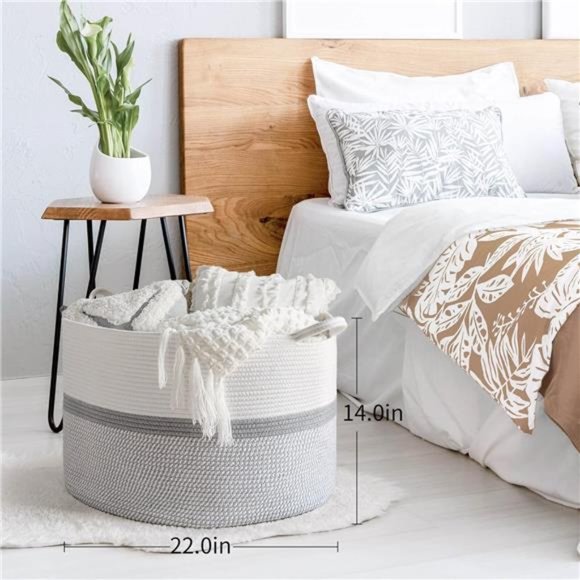 XXL Extra Large Cotton Rope Woven Basket, Throw Blanket Storage Basket w/ Handle - Picture 3 of 9